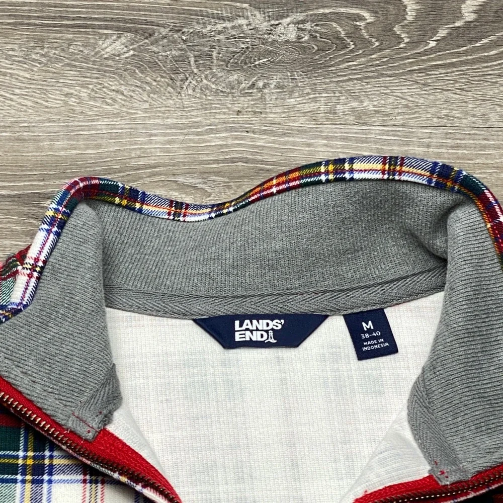 Lands'‎ End Shirt Pullover Quarter Zip Mens M Red Plaid Cotton Blend Holiday